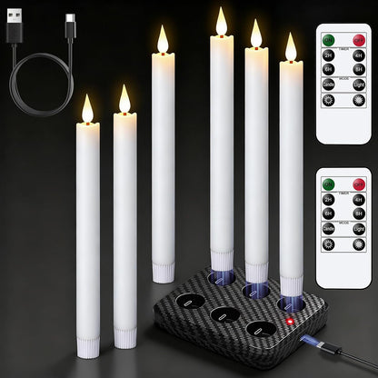 GenSwin Flameless Ivory Taper Candles Flickering with 10-Key Remote, Battery Operated Led Warm 3D Wick Light Window Candles Real Wax Pack of 6, Christmas Home Wedding Decor(0.78 X 9.64 Inch)