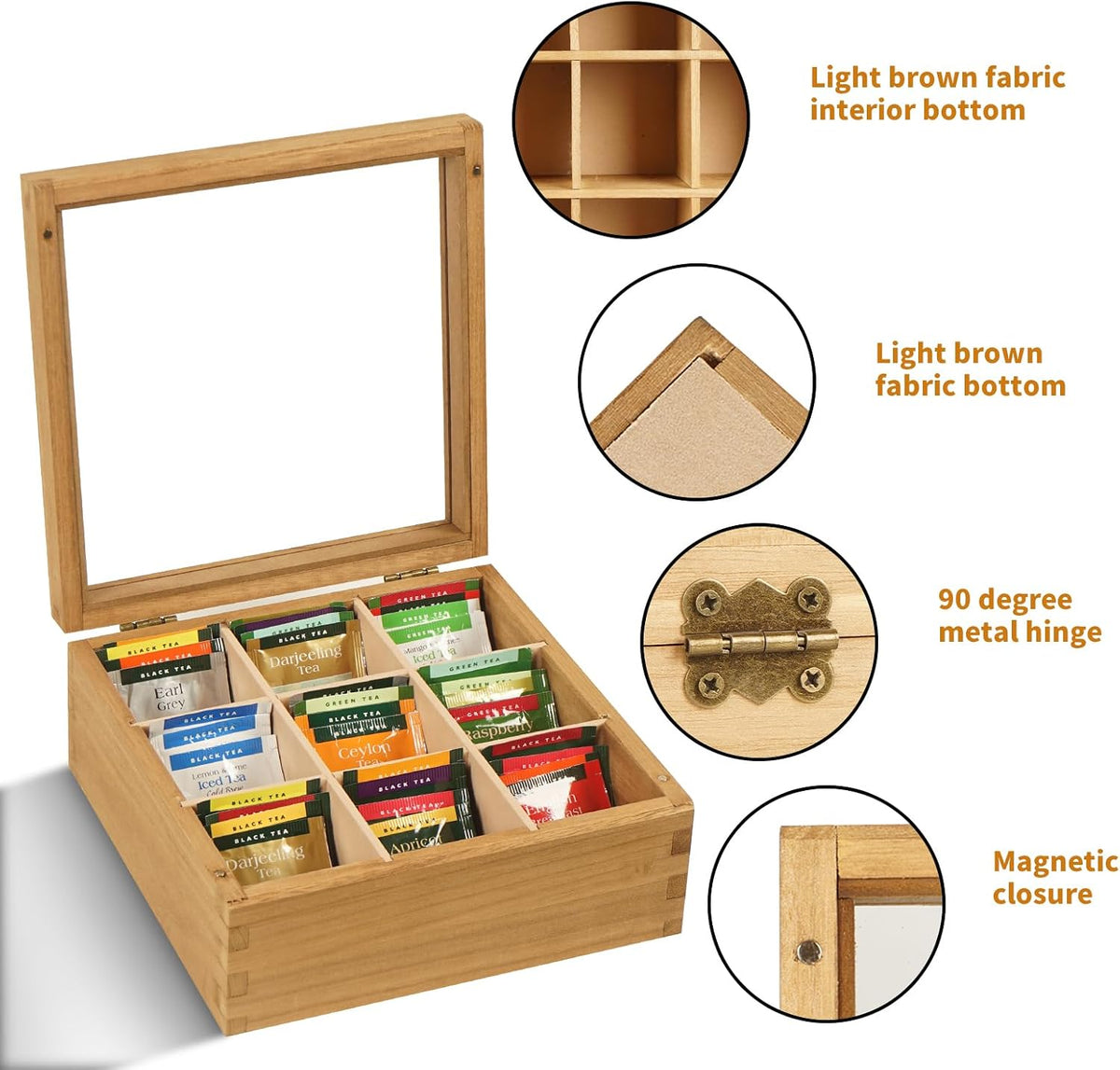 Wood Tea Bag Organizer, 6 Compartment Multi-Functional Tea Box and Storage Organizer for Tea Bags, Tea Container for Tea Lovers