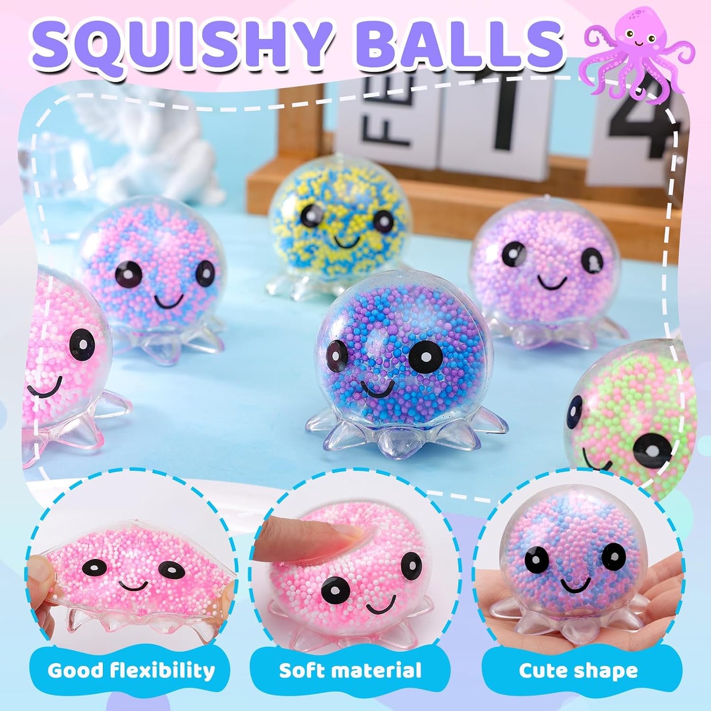 VESPRO 12 Pack Fidget Stress Balls for Adults, Cute Octopus Stress Sensory Stress Ball, Bulk Squishy Squeeze Ball Toys Set for Classroom Prizes and Birthday Party Favors