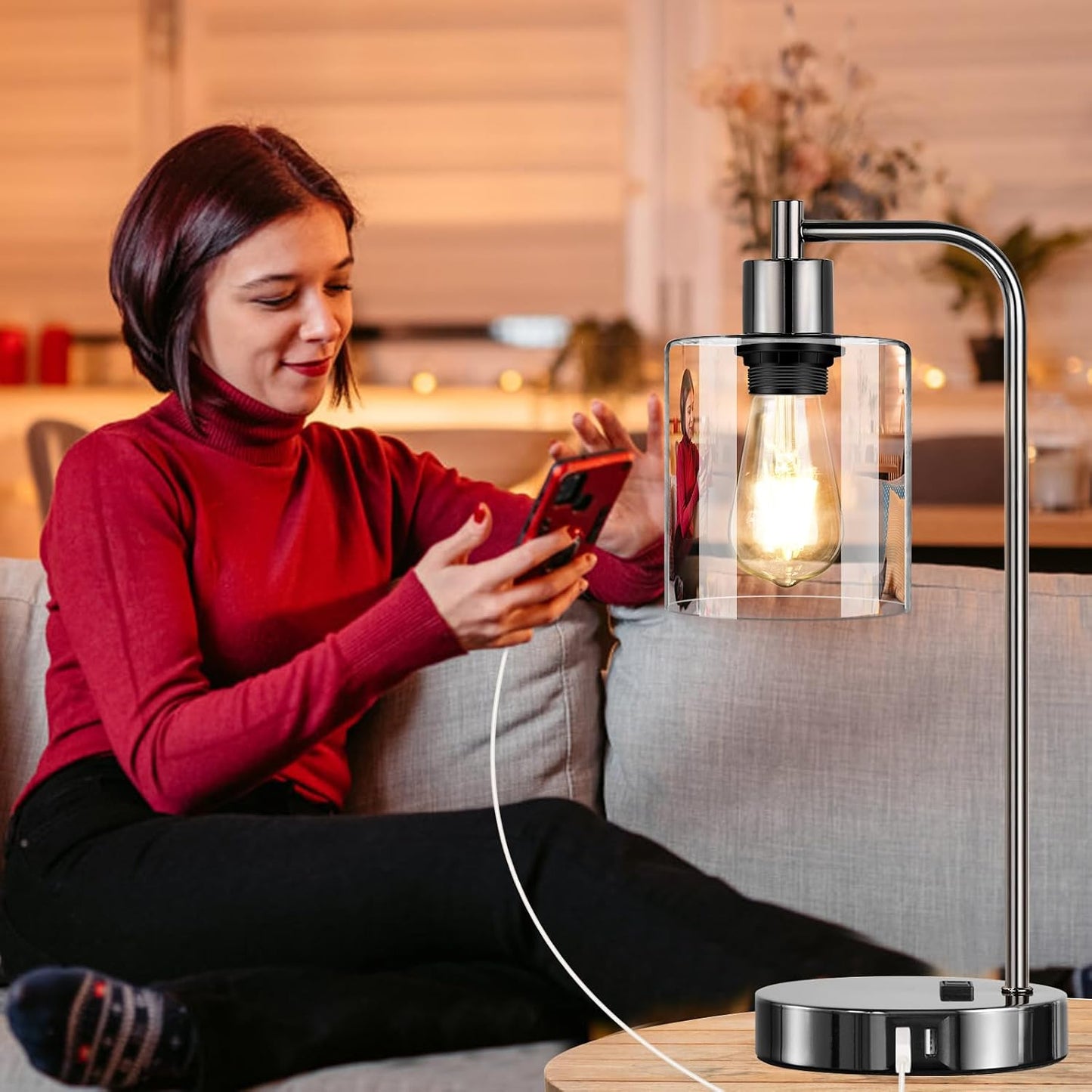 Set of 2 Industrial Touch Control Table Lamps with USB C+A Ports and AC Outlet - 3-Way Dimmable Black Bedside Lamps Nightstand Desk Lamps for Bedroom Living Room, Glass Shade & 2 LED Bulbs Included