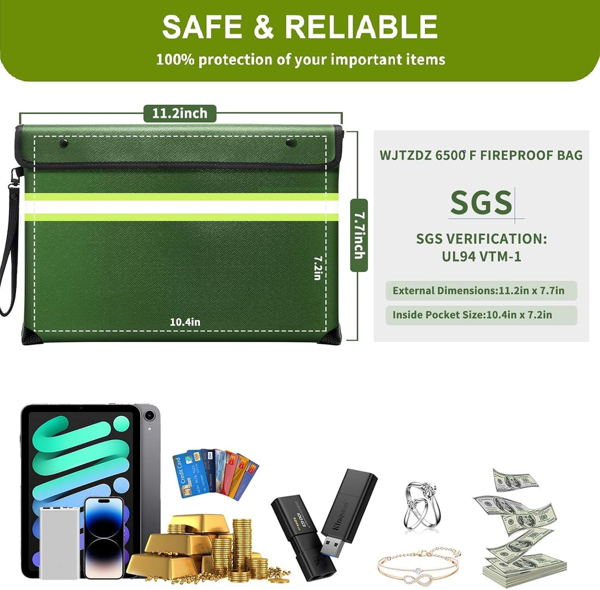 Upgraded Fireproof Money Bag,10 Layers of Heat Insulated Materials 6500°F