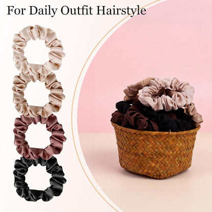 Satin Scrunchies for Women – 8PCS Blush & Brown Silk Hair Ties Set – No Crease, Frizz-Free, Gentle Elastic Hair Bands, Soft & Stylish Everyday Hair Accessories Gifts