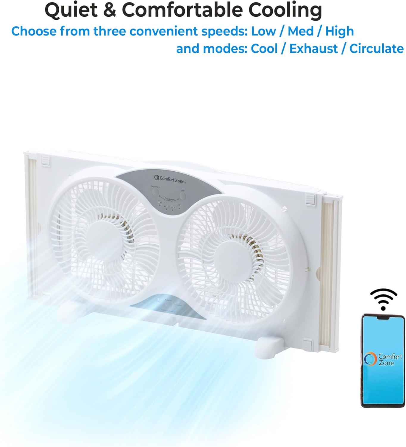 Comfort Zone Twin Window Fan with Reversible Airflow Control, 9 inch, Auto-Locking Expanders, 2 Speed Fan, Dual Fan, Exhaust, Airflow 9.84 ft/sec, Ideal for Home, Kitchen, Bedroom & Office, CZ319WT