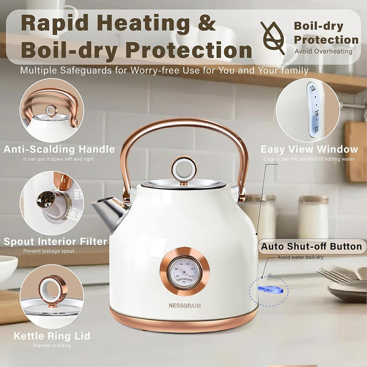 Retro Electric Kettle, 1.7L Stainless Steel Tea Kettle with Large Temperature Gauge, 1500W Fast Heating Hot Water Boiler with LED Indicator, Auto Shut-off & Boil-Dry Protection-Reteo Black