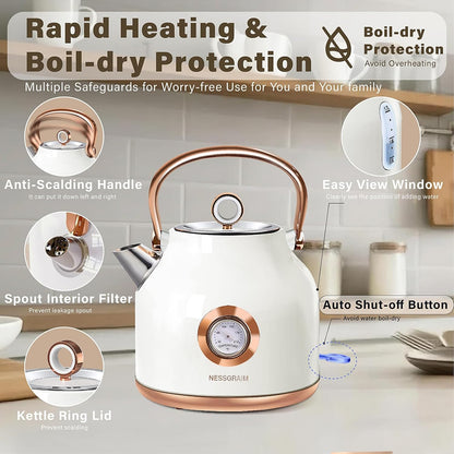 Retro Electric Kettle, 1.7L Stainless Steel Tea Kettle with Large Temperature Gauge, 1500W Fast Heating Hot Water Boiler with LED Indicator, Auto Shut-off & Boil-Dry Protection-Reteo Black