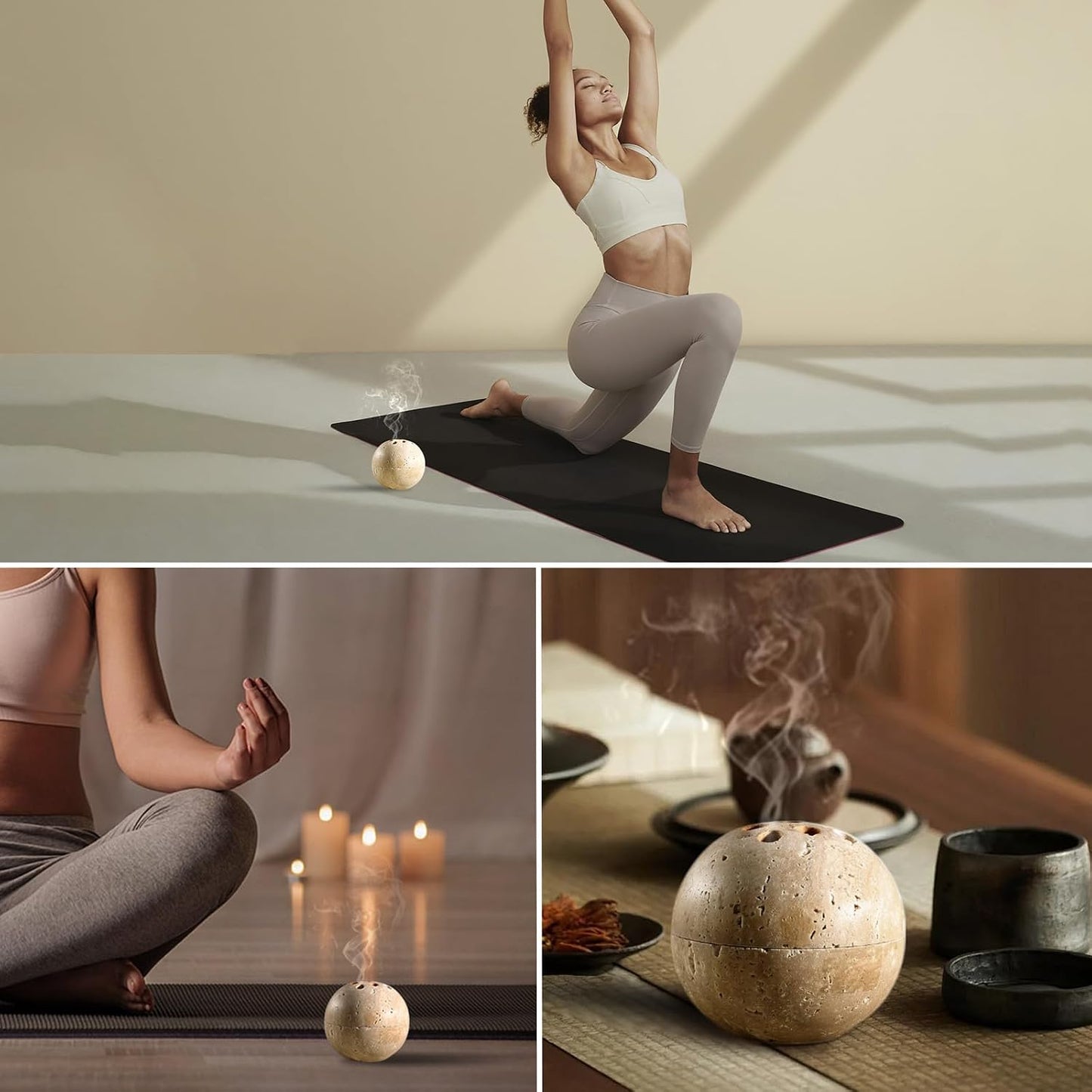 Koville Natural Marble Incense Holder, Incense Holder for Sticks with 9 Holes, Handmade Incense Burner Ash Catcher for Meditation Yoga SPA, Balsam Fir/Palo Santo/Sage/Cone (White)