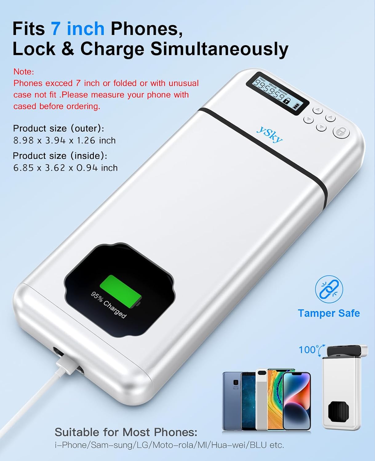 ySky Metal Phone Lock Box with Timer,Portable Timed Phone Lock Box for iPhone and Android Phones, Self-Control Timer Phone Locker to Help Kids,Students to Reduce Screen time,Phone Jail Box