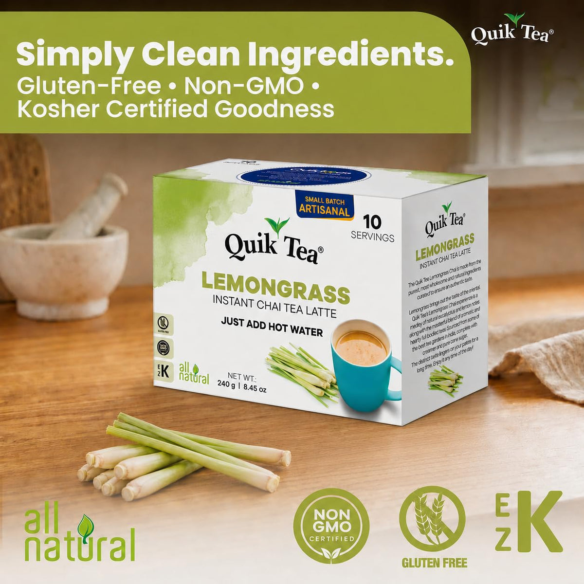 QuikTea Instant Chai Tea Latte Mix, Lemongrass, Unsweetened, 10 Sachets
