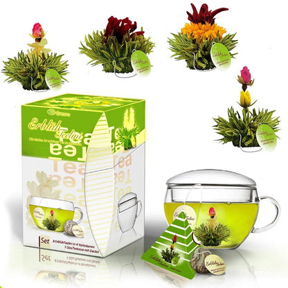 Creano Blooming Tea Gift Set with Glass Teapot 17oz (500ml) - Green Tea Fruity Flavoured Tea Flowers in 6 Varieties - Flowering Tea Gift for Easter