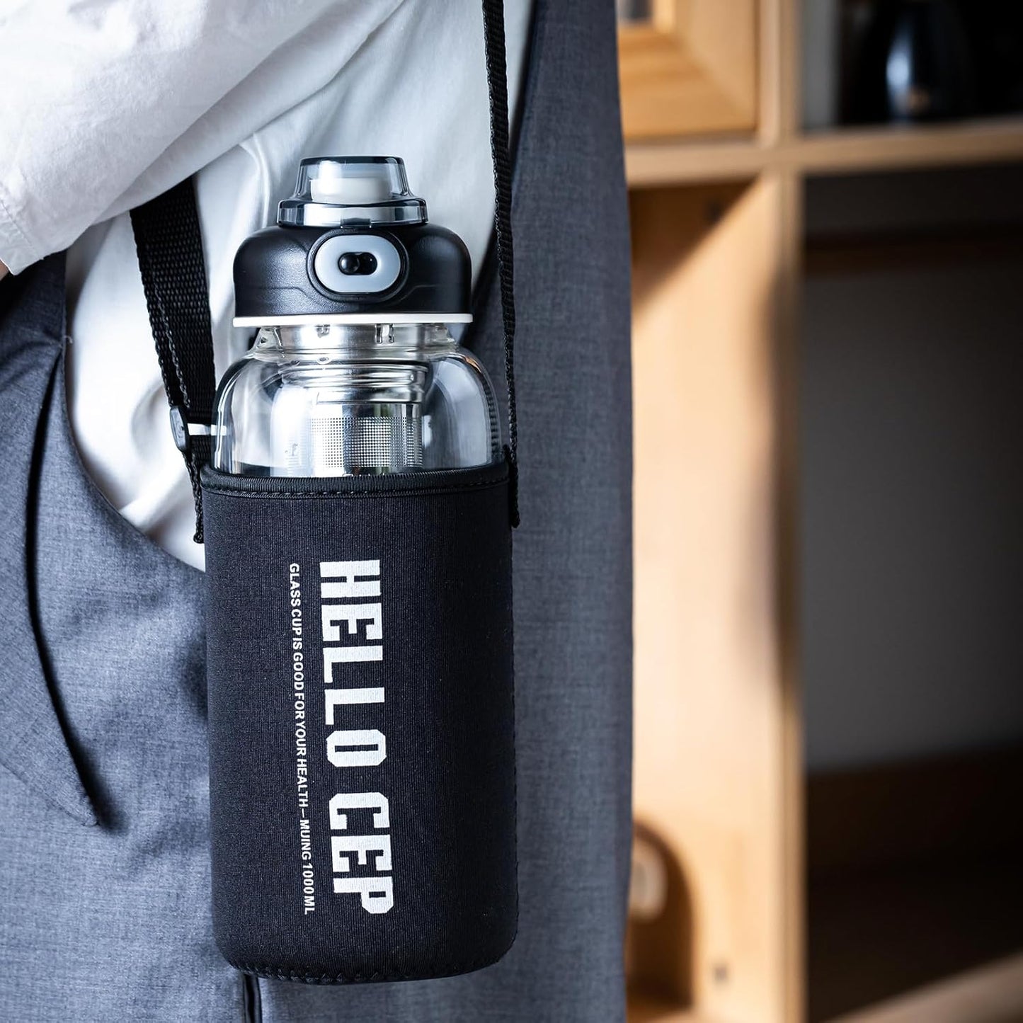 34oz Glass Water Bottle with capacity Mark & Stainless Steel Tea Strainer-Large Capacity for Hot/Cold Drinks,Coffee,Tea,and Water-Includes Protective Sleeve,Perfect for Home,Office (34oz)