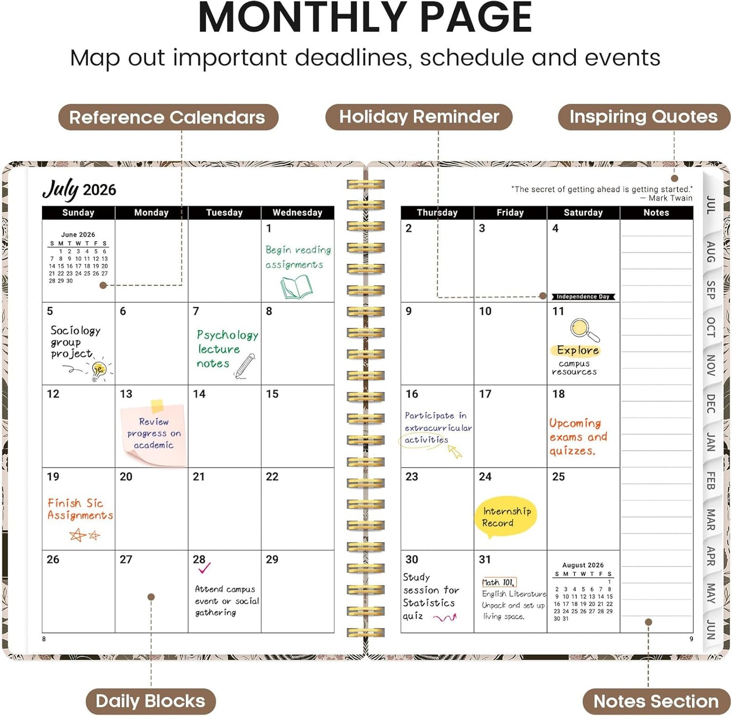 Planner 2026-2027, Academic Monthly and Weekly Calendar Planner for Women, July 2026 - June 2027, Hardcover Pretty Agenda Planner Book with Tabs, Spiral Daily Organizer for School Office Home Supplies, 6.3" x 8.5" - Blue Floral