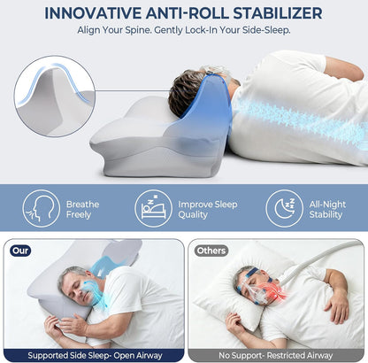 CPAP Pillow for Side Sleeping, 2-IN-1 Cervical Neck Pillow for Pain Relief, Cooling Memory Foam Pillows with Anti-Roll Support Pillar Ergonomic Orthopedic Pillows for Side Back & Stomach Sleepers