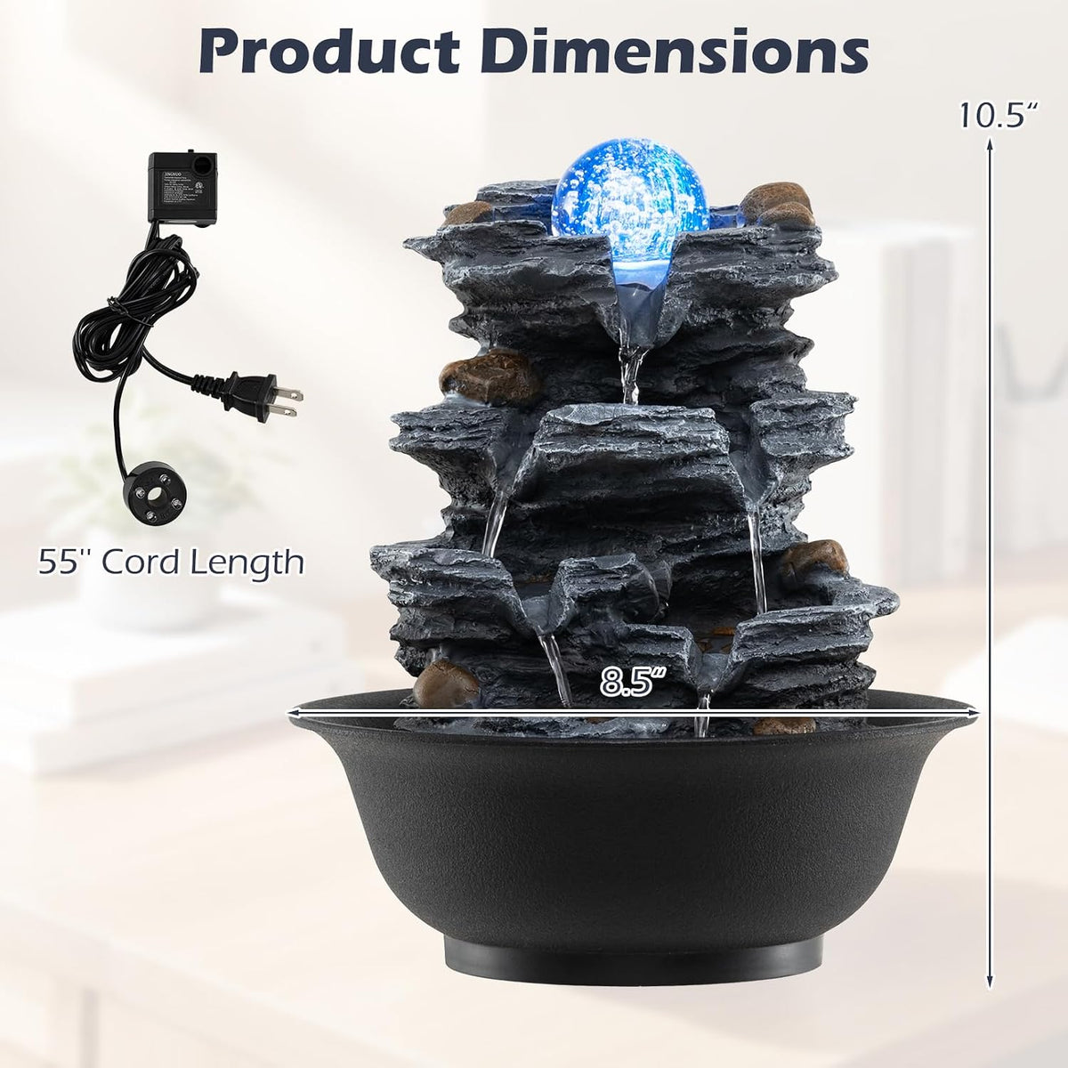 Giantex Tabletop Water Fountain with Warm LED Light, Tiered Rock Waterfall with Pump, Zen Meditation Desktop Decor for Office, Home Relaxation