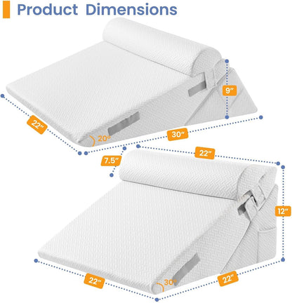 Sasttie Wedge Pillow Set for After Surgery, 2PCS Adjustable Bed Wedge Pillow Headboard with Memory Foam Neck Cushion – for Acid Reflux, Sleeping, Neck & Back Support, Dark Grey & White