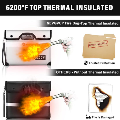 Upgraded 6200°F Fireproof Document Bag with Lock, Fire proof Money Bag for Cash with Zipper/Reflective Strip, 9 Layer of Heat Insulated Material, Water Resistant Fireproof Bags for Documents,Safe Bags
