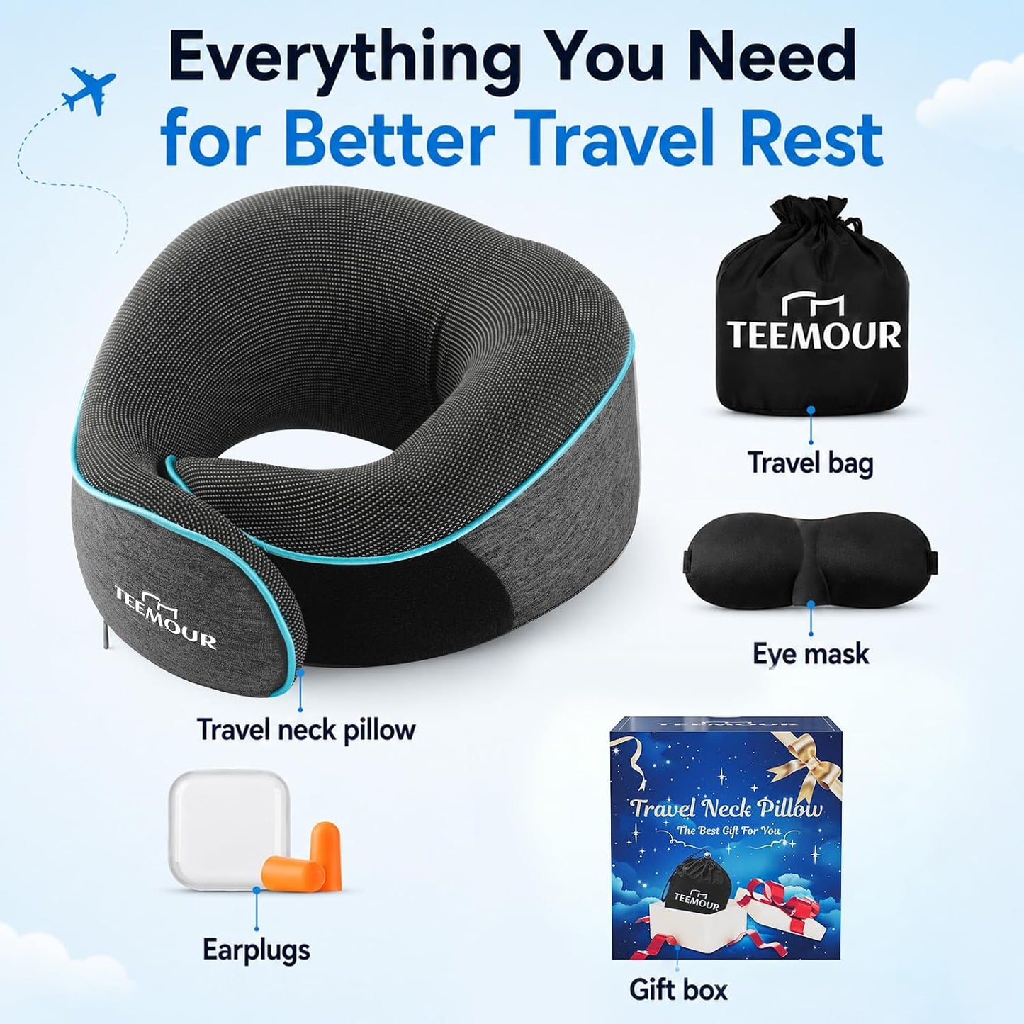 Travel Pillow Neck Pillow for Airplane Travel Essentials - Memory Foam Travel Neck Pillow, Stops Head Bobbing With Eye Mask & Earplugs, Portable Carry Bag for Long Flights| Airplane Accessories Black