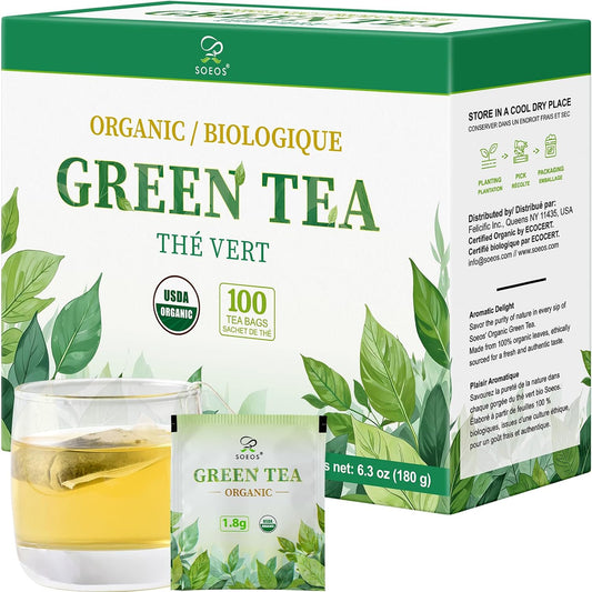 Soeos Organic Green Tea, 100 Tea Bags (Pack of 1), Caffeinated, Fresh and Healthy Green Tea, 6.3 Ounce