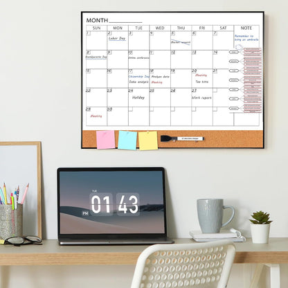 ARCOBIS Dry Erase Calendar with Cork Board for Wall, 24"x 18" Magnetic Calendar Whiteboard with Black Frame, Monthly Combination Board for School, Home, Office