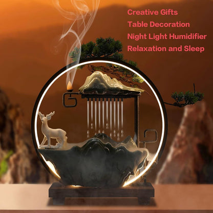 Mini Artificial Bonsai Tree Waterfall Fog Feature Rock Tabletop Fountain | 11in Desktop Decor Waterfall Fountain W/ Water Pump& Atomizer&LED Lights &Fake Tree Office Bedroom Relax