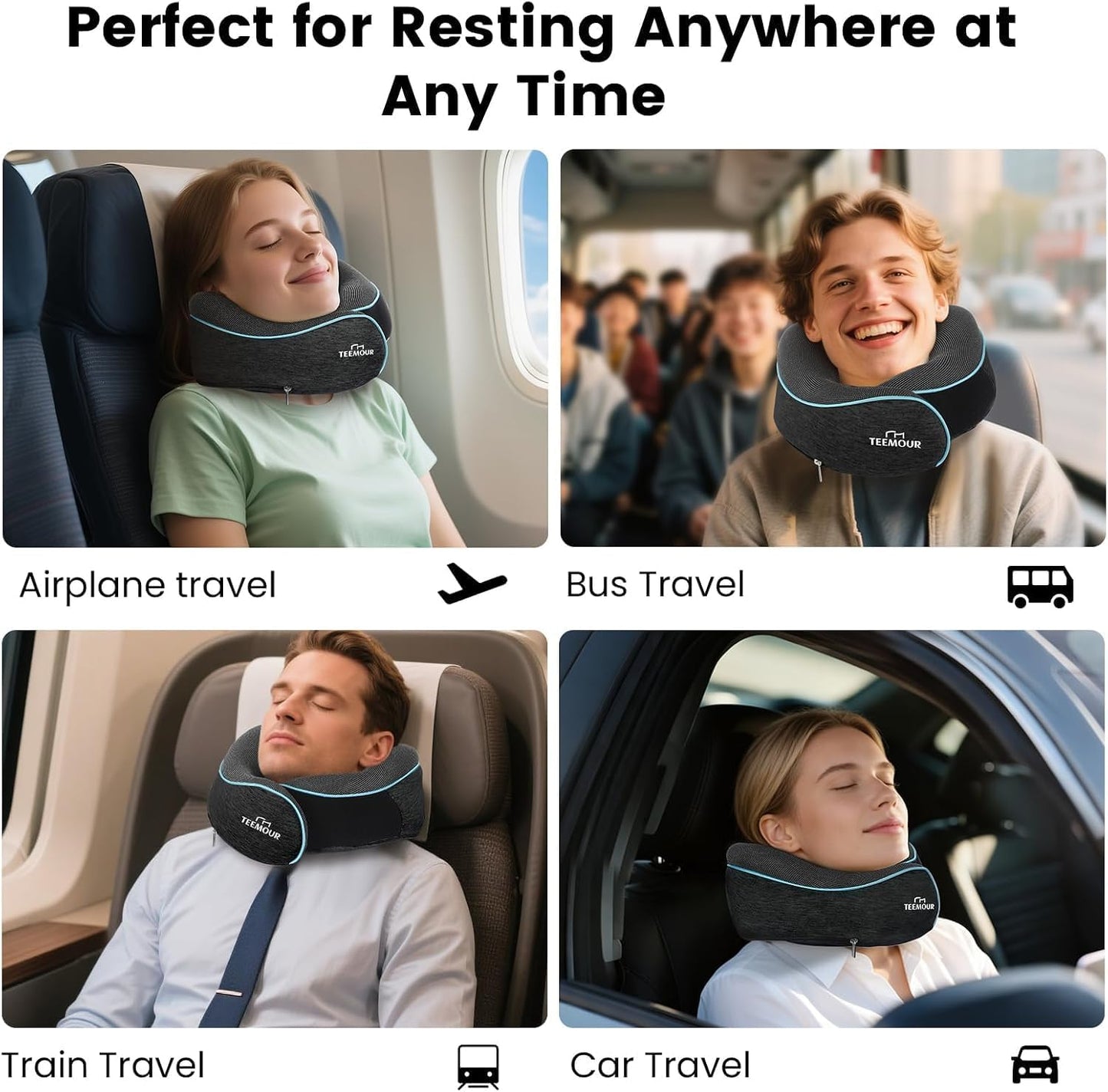 Travel Pillow Neck Pillow for Airplane Travel Essentials - Memory Foam Travel Neck Pillow, Stops Head Bobbing With Eye Mask & Earplugs, Portable Carry Bag for Long Flights| Airplane Accessories Black