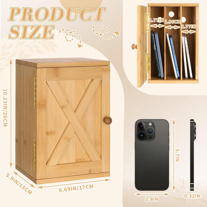 Bamboo Phone Box for Family Time, 6 Phones 3 Slots, Door-Shaped