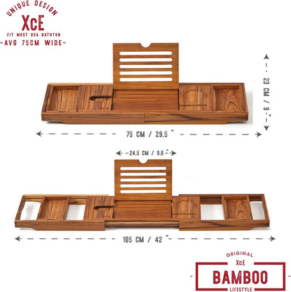 XcE Bamboo Bathtub Caddy Tray with Book Stand & Soap Holder, Brown