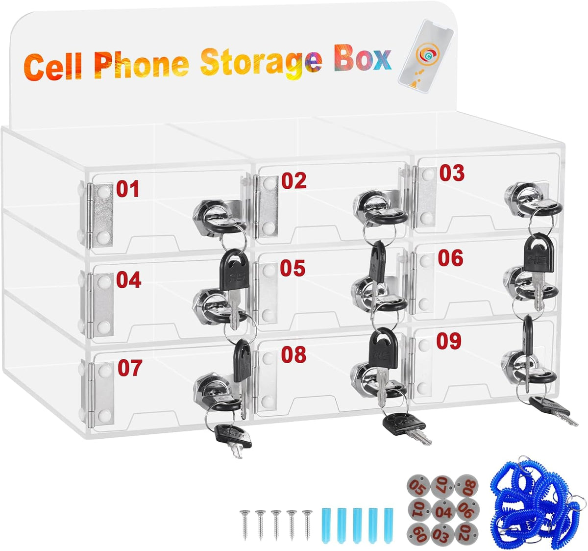 Cell Phone Locker Box 9 Slots, Wall-Mounted, with Door Locks & Keys