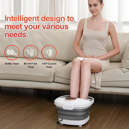 GEHONA Collapsible Foot Spa Bath with Heat, Foot Massager with Two Side Supports, Leakage Protector, Temperature Control, Bubbles, Red Light, Timer, Feet Soaker, Gifts (Deep Black)