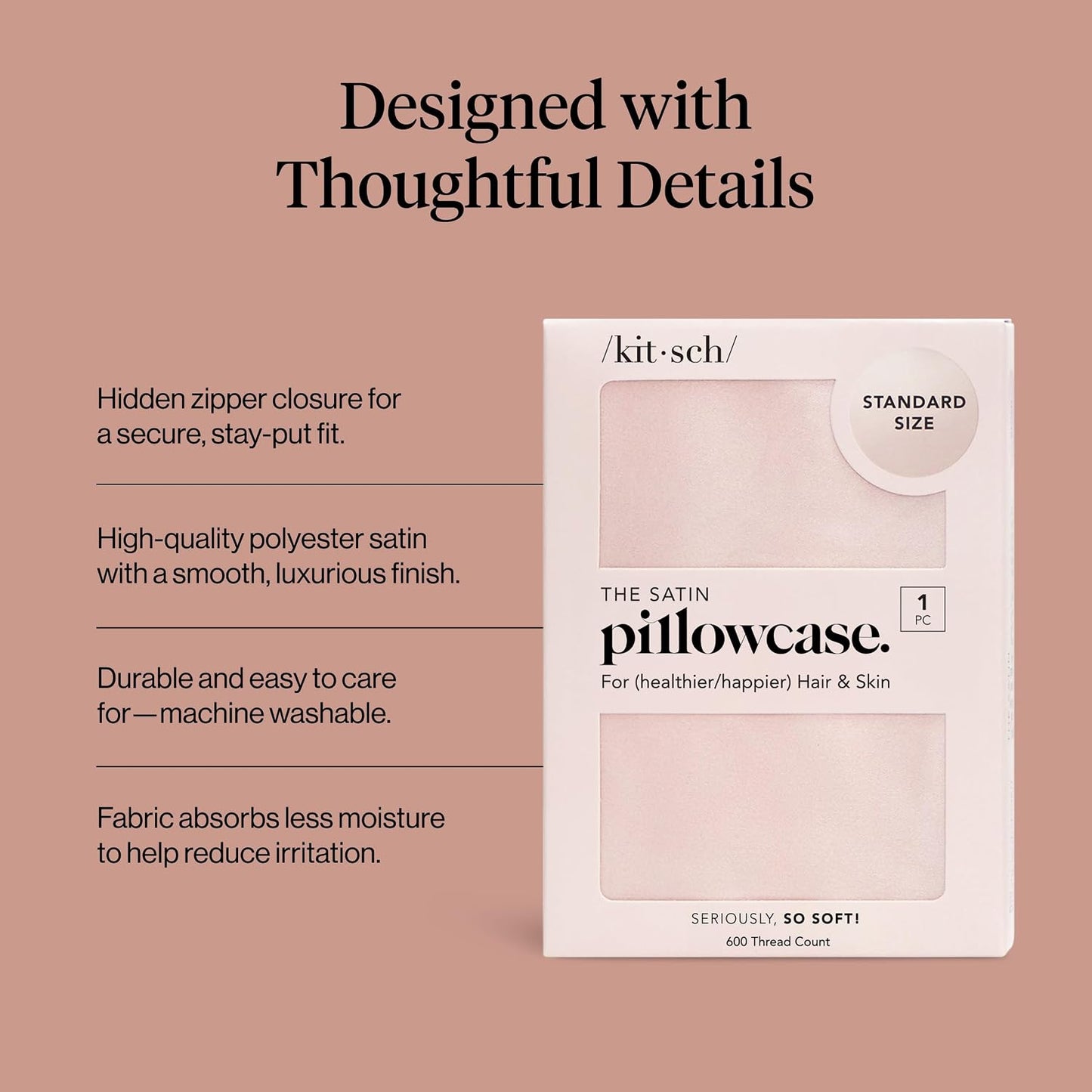 Kitsch Satin Pillowcase with Zipper for Hair & Skin - Softer Than Silk Pillow Cases, Smooth Cooling Satin Pillow Case, Wrinkle-Free, Machine Washable - Pillow Cases Standard Size (19x26) - Blush