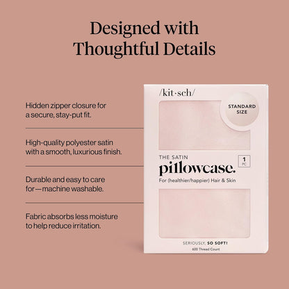 Kitsch Satin Pillowcase with Zipper for Hair & Skin - Softer Than Silk Pillow Cases, Smooth Cooling Satin Pillow Case, Wrinkle-Free, Machine Washable - Pillow Cases Standard Size (19x26) - Blush