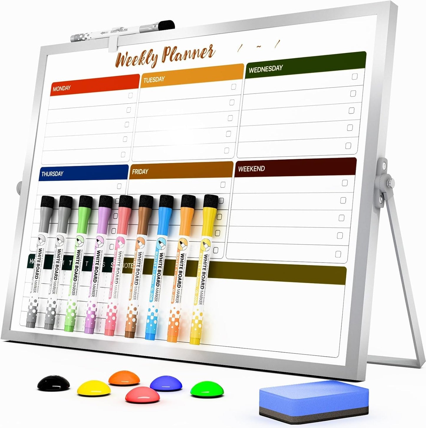 Marsrock Dry Erase White Board with Stand,Double-Sided Weekly Whiteboard 16"x12",10 Markers,6 Magnets,1 Eraser,Portable Desktop Whiteboard for Planning,Weekly Schedule Board for Office