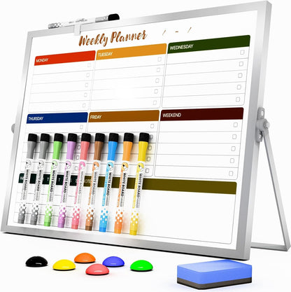 Marsrock Dry Erase White Board with Stand,Double-Sided Weekly Whiteboard 16"x12",10 Markers,6 Magnets,1 Eraser,Portable Desktop Whiteboard for Planning,Weekly Schedule Board for Office