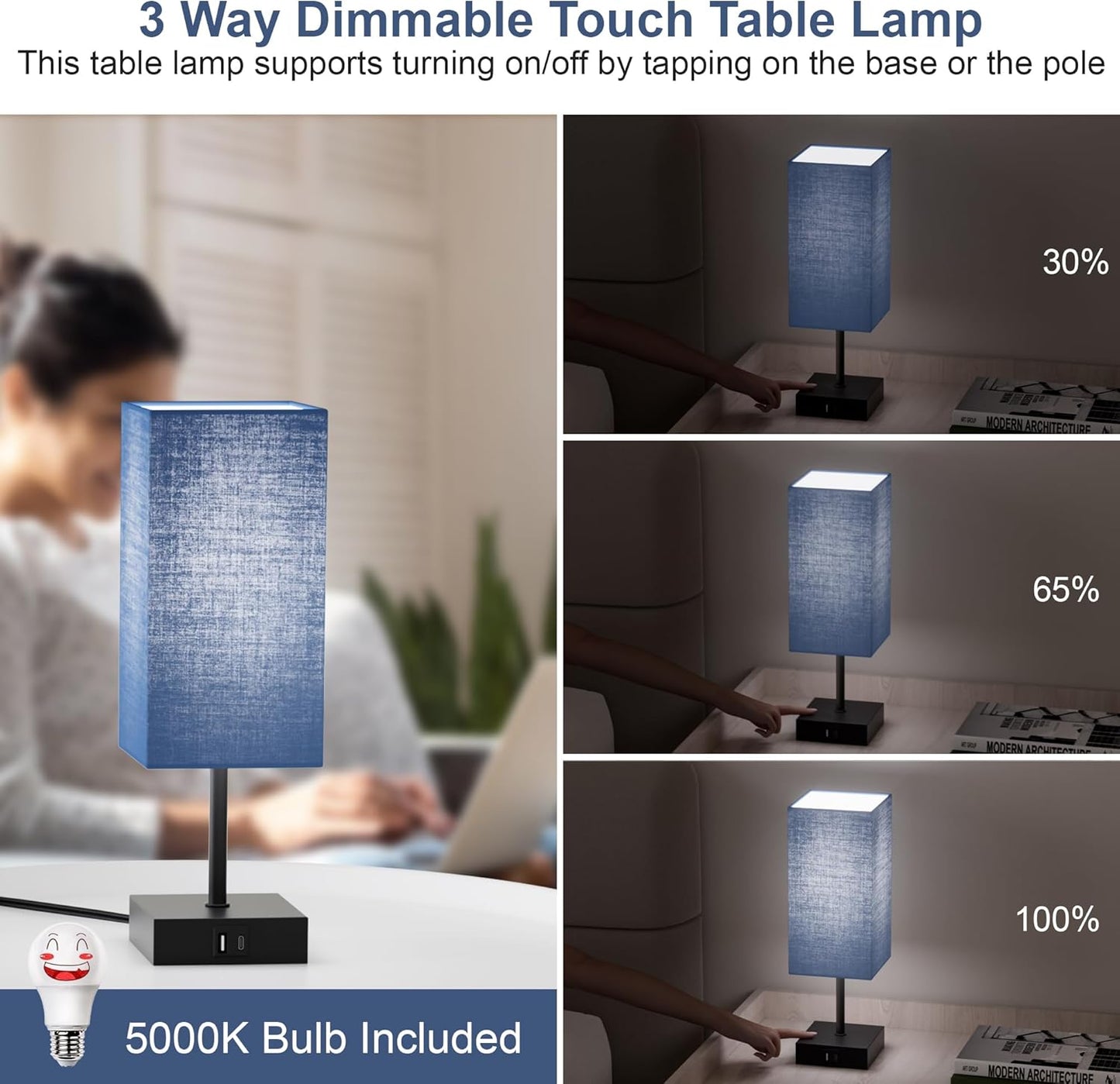 Table Lamp for Bedroom, 3 Way Dimmable Touch Bedside Lamp, Small Lamp with 2 USB C+A Charging Ports, Black Nightstand Lamps for End Table, Living Room, Desk, Bulb Included