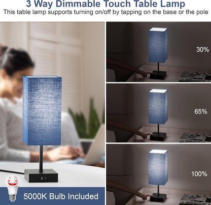 Table Lamp for Bedroom, 3 Way Dimmable Touch Bedside Lamp, Small Lamp with 2 USB C+A Charging Ports, Black Nightstand Lamps for End Table, Living Room, Desk, Bulb Included