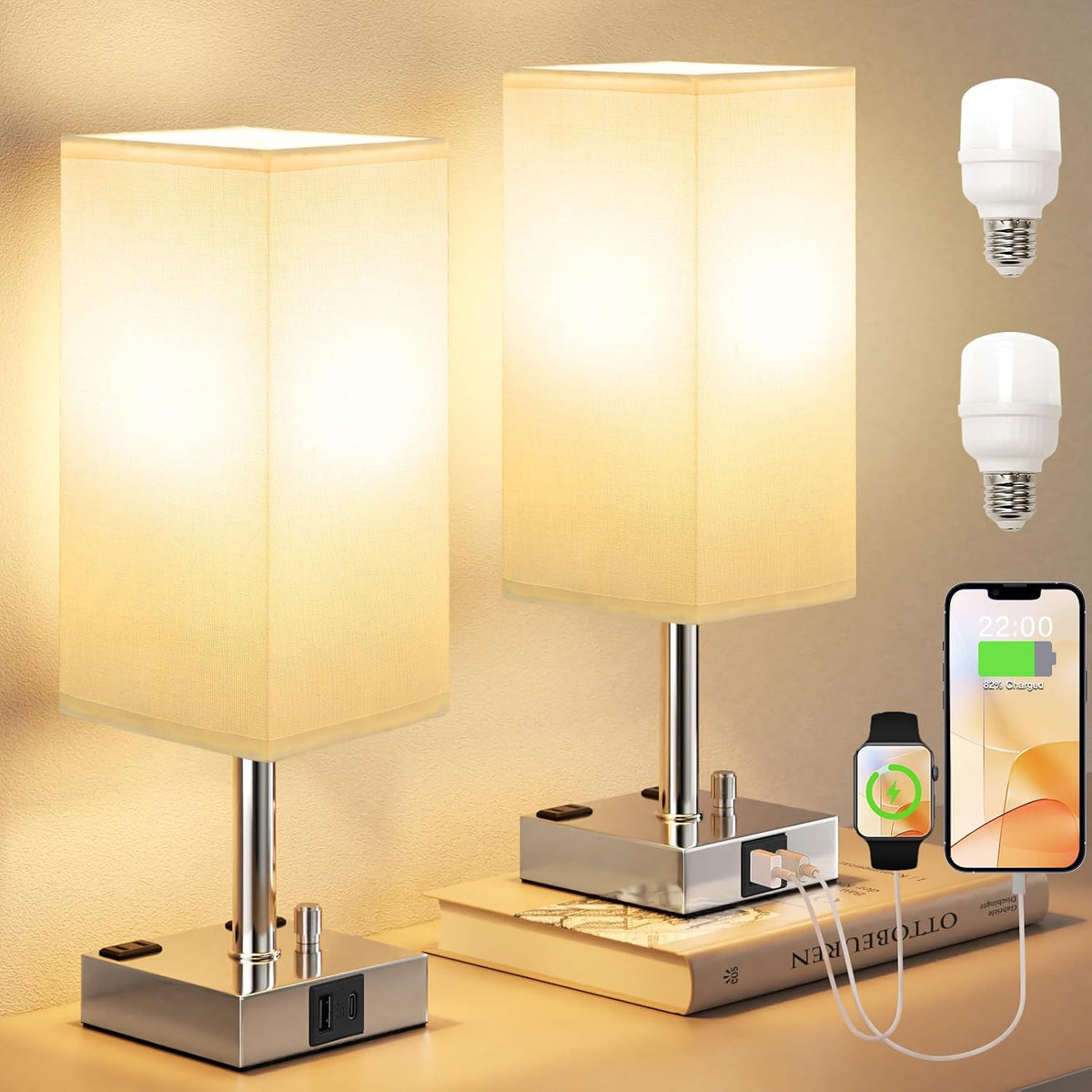 Bedside Table Lamps Set of 2 for Bedroom - Dimmable, USB C+A, 2 AC Outlets