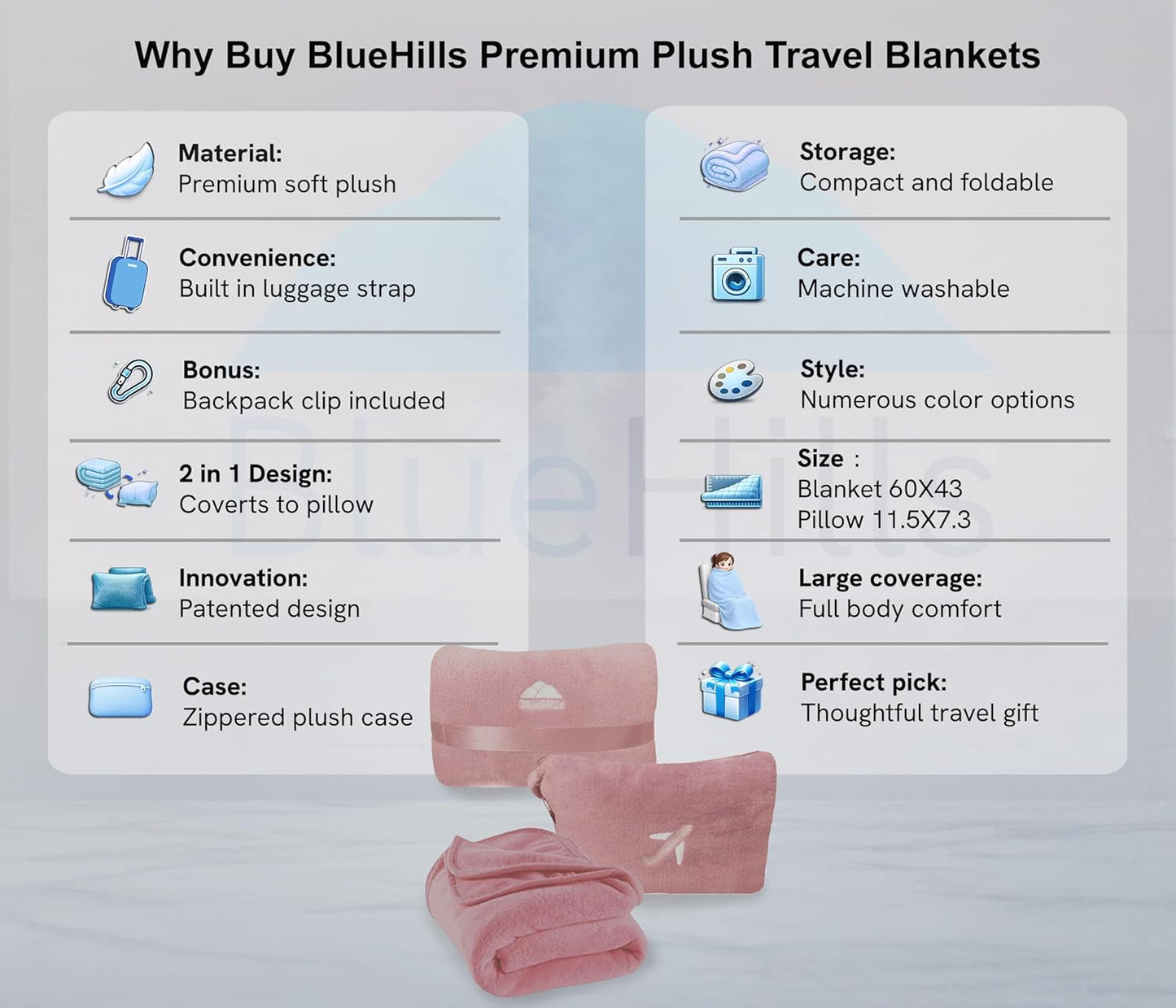 BlueHills Travel Blanket Pillow in Mini Soft Case Premium Plush Airplane Blanket Soft Bag Compact Pack with Luggage Belt and Backpack Clip Small Lightweight Traveling Plane Essentials - Grey Gray M01