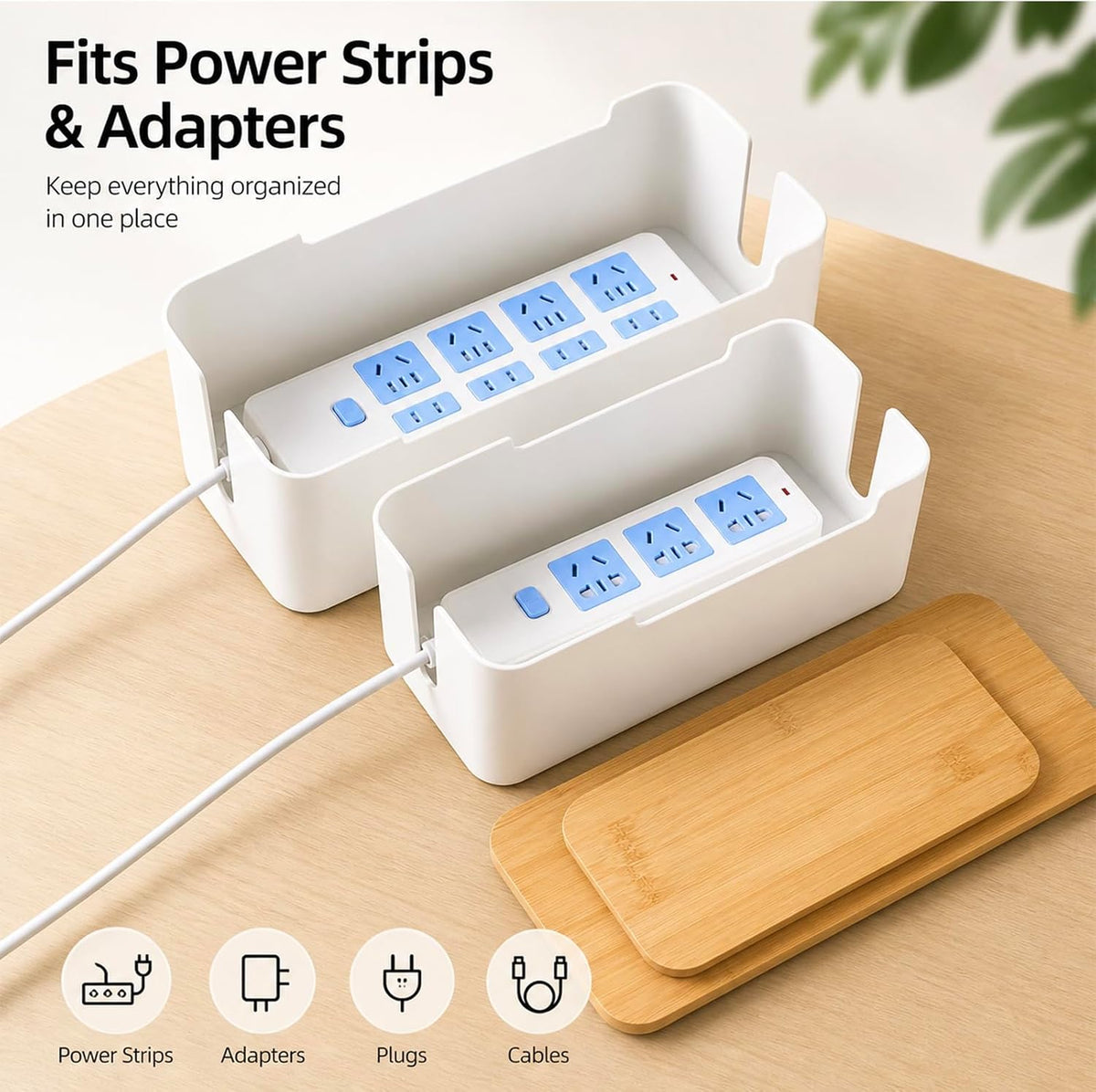 [Set of 2] Wood Cover Cable Management Box Set, Wire Ties Included to Organize Desk Cord Cables, Hide TV Computer Wires, Power Strips, USB Hub to Make Your Home, Office Neat and Clean (White)