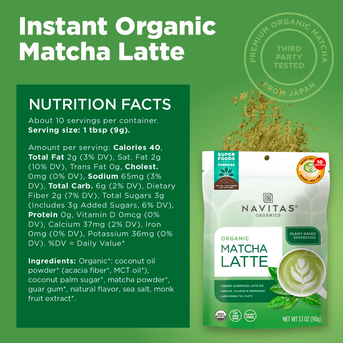 Navitas Organics Instant Matcha Latte Mix – Simple & Convenient Blend For Sweet & Creamy Latte – Mix With Water – Dairy Free & Low Sugar – USDA Organic, Non GMO, Gluten Free (11.1oz. Bag, 35 Servings)