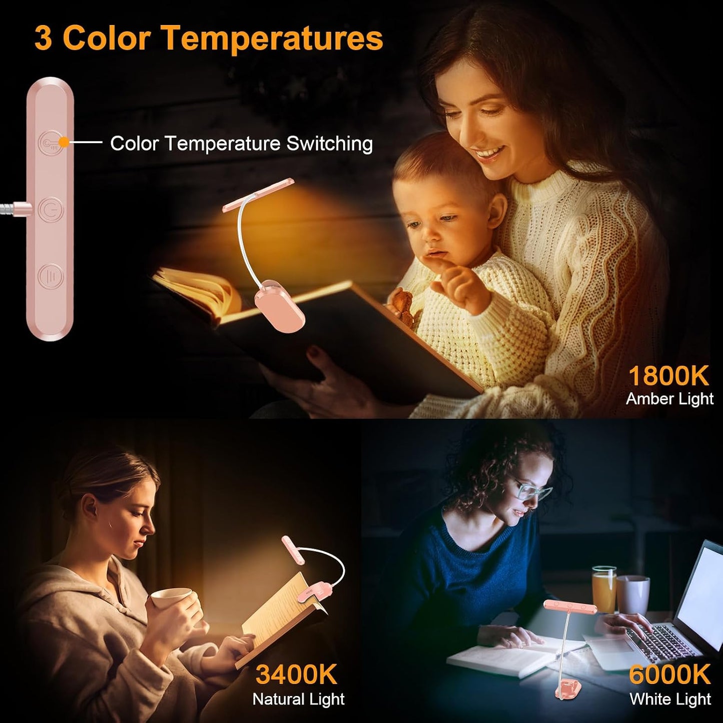 Gritin Rechargeable Book Light for Reading in Bed with 19 LED | Eye Caring 3 Color Temps,5 Brightness Levels,Memory Function,90 Hrs Runtime Flexible Goose Neck Clip on Light for Book Lovers
