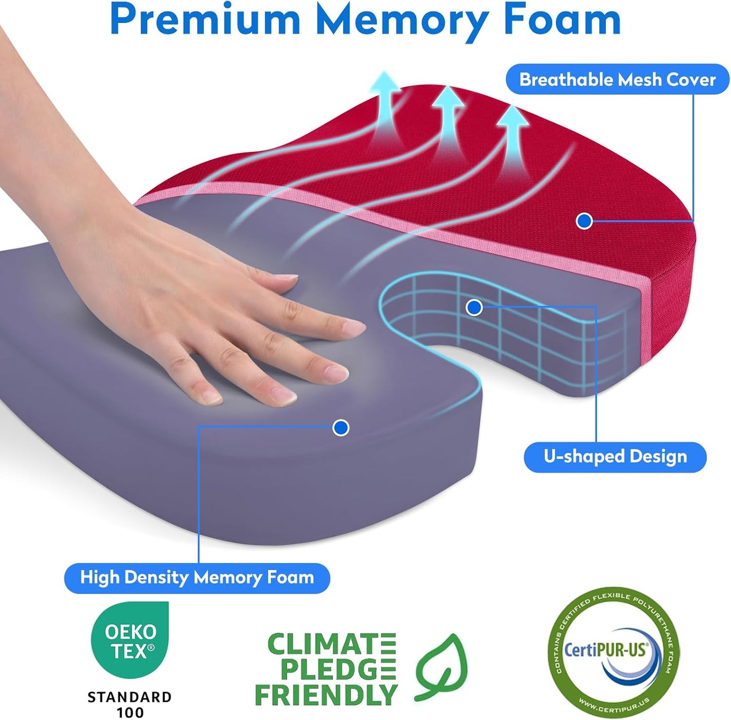 CushZone Seat Cushion - Memory Foam Office Chair Cushion for Sciatica, Tailbone & Back Pain Relief - Orthopedic Coccyx Pillow for Car, Airplane, Pregnancy & Long Sitting at Work, Black