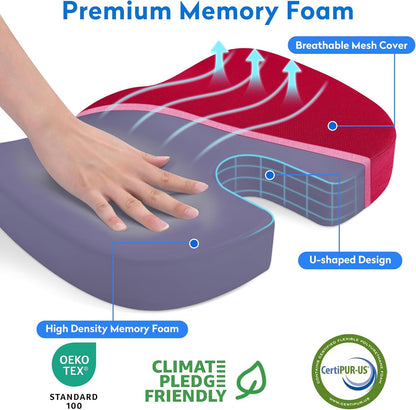 CushZone Seat Cushion - Memory Foam Office Chair Cushion for Sciatica, Tailbone & Back Pain Relief - Orthopedic Coccyx Pillow for Car, Airplane, Pregnancy & Long Sitting at Work, Black