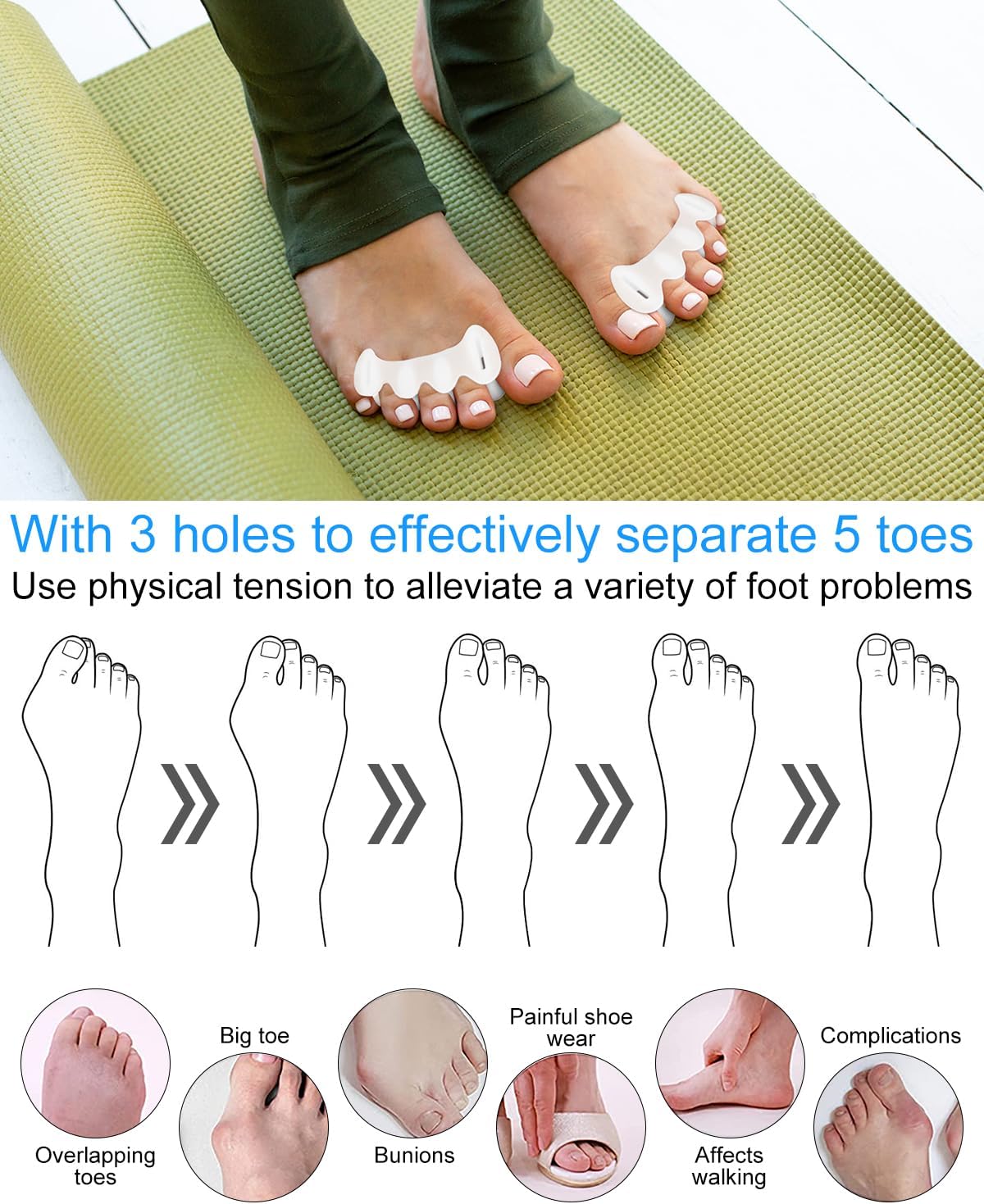2 Pair Bunion Toe Separators Toe Spacers for Feet Women Men to Correct Their Toes, Foot Alignment, Silicone Toe Spreaders Toe Straightener for Hammertoe, Curled Toes (M, 2 Firm+2 Soft)