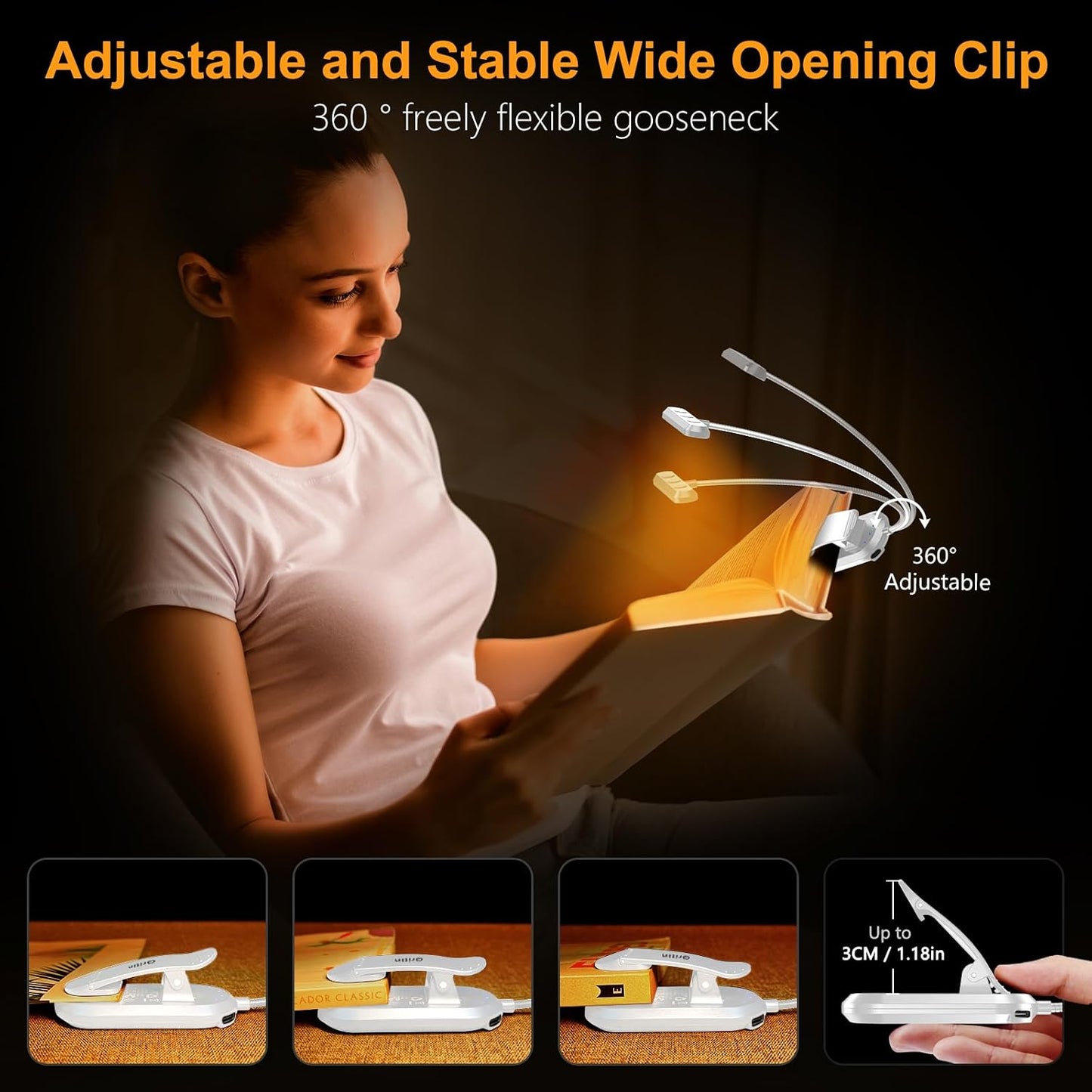 Gritin Rechargeable Book Light for Reading in Bed with 19 LED | Eye Caring 3 Color Temps,5 Brightness Levels,Memory Function,90 Hrs Runtime Flexible Goose Neck Clip on Light for Book Lovers