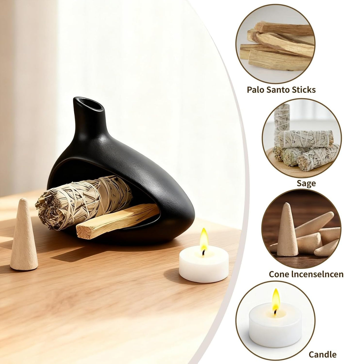 Palo Santo Holder, Ceramic Incense Burner for Sticks Sage Holders Cone Burning Smudge Bowl with Ash Brush for Meditation Yoga Spa Room Decor (White)