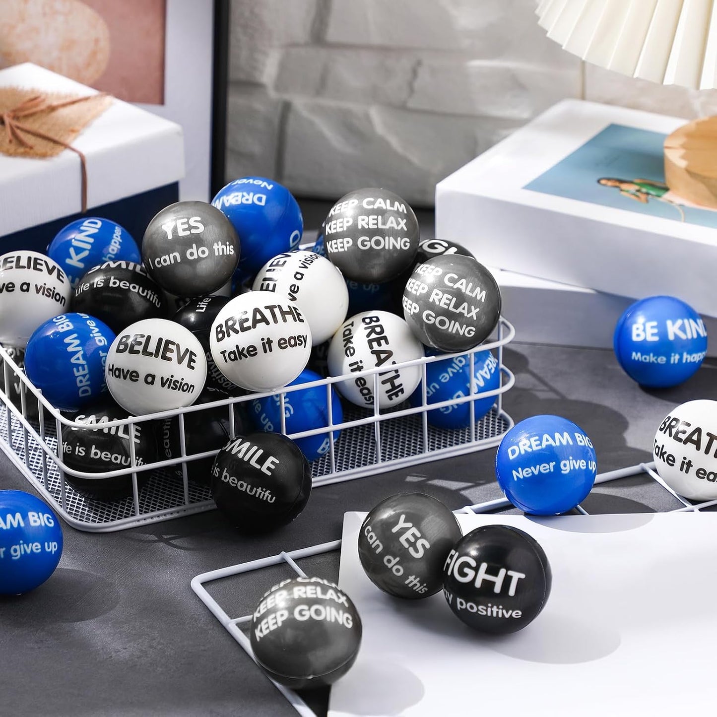 Liliful 100 Pcs Motivational Stress Balls Bulk Inspirational Squeeze Balls for Adults Anxiety Relief Fidget Toys Office Employee Gifts Classroom Rewards 2.2 Inch (Bright Colors)