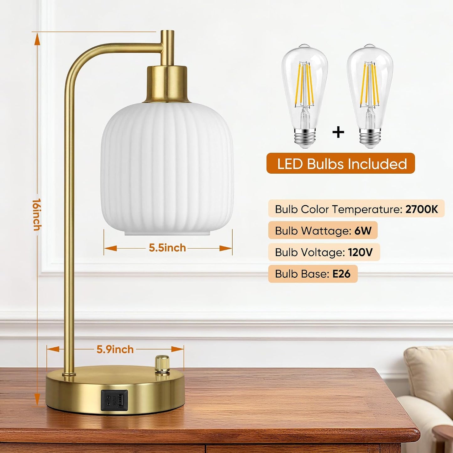 QiMH Industrial Table Lamp for Bedroom Set of 2, Green Glass Beside Lamp with USB A&C Ports, Stepless Dimmable Gold Lamps, Nightstand Lamps for Living Room, Office, Home Decor(Bulb Included)