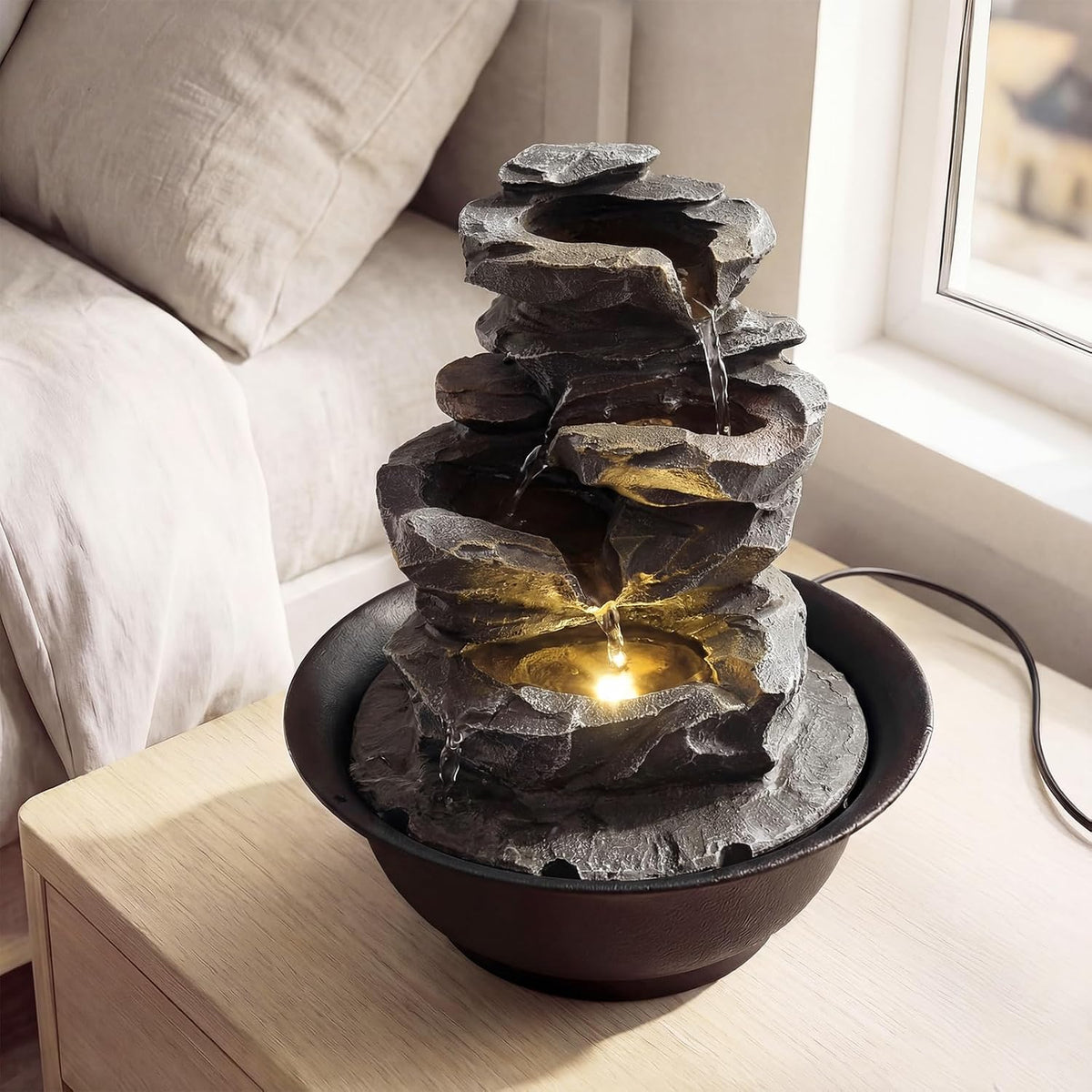 Giantex Tabletop Water Fountain with Warm LED Light, Tiered Rock Waterfall with Pump, Zen Meditation Desktop Decor for Office, Home Relaxation