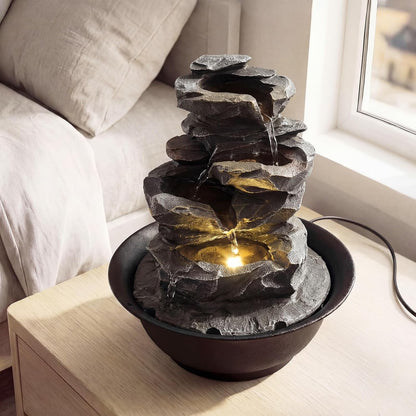 Giantex Tabletop Water Fountain with Warm LED Light, Tiered Rock Waterfall with Pump, Zen Meditation Desktop Decor for Office, Home Relaxation