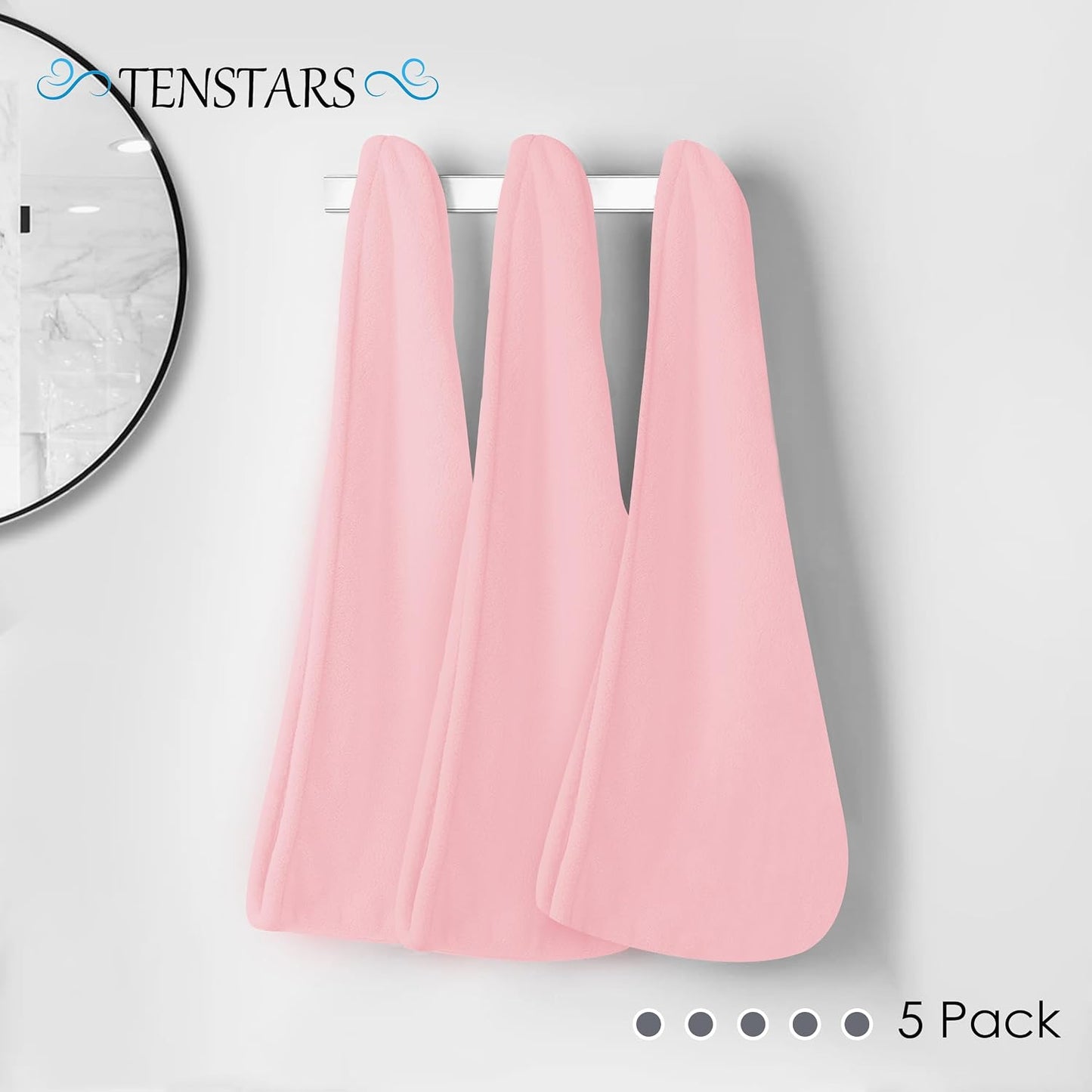 TENSTARS 5 Pack Thicken Microfiber Hair Towel Wrap for Women - Elastic Loop Design - 320GSM Coral Velvet - Quick Dry Hair Turban - 11x28 Inch (Pink)