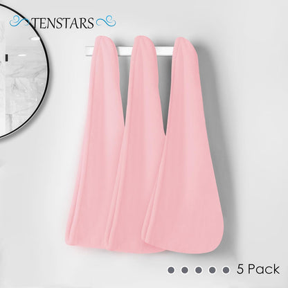 TENSTARS 5 Pack Thicken Microfiber Hair Towel Wrap for Women - Elastic Loop Design - 320GSM Coral Velvet - Quick Dry Hair Turban - 11x28 Inch (Pink)